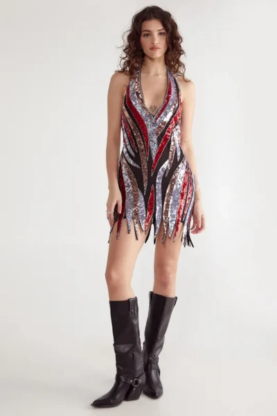 Zebra Hand Embellished Hanky Hem Halter Neck Mini Dress